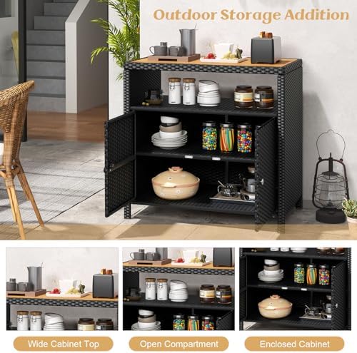 Tangkula Rattan Outdoor Storage Cabinet, Patiojoy Outdoor Cabinet with Acacia...