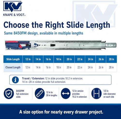 Knape & Vogt Side Mount Soft-Close Drawer Slide, Pair, Inch