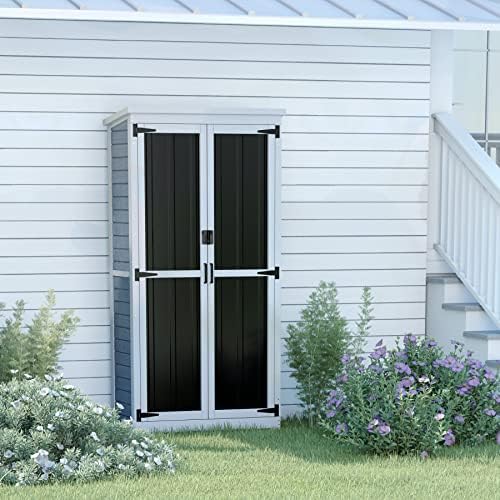 GDLF Outdoor Storage Cabinet, Wood & Metal Garden Shed, Tall Tool Organizer