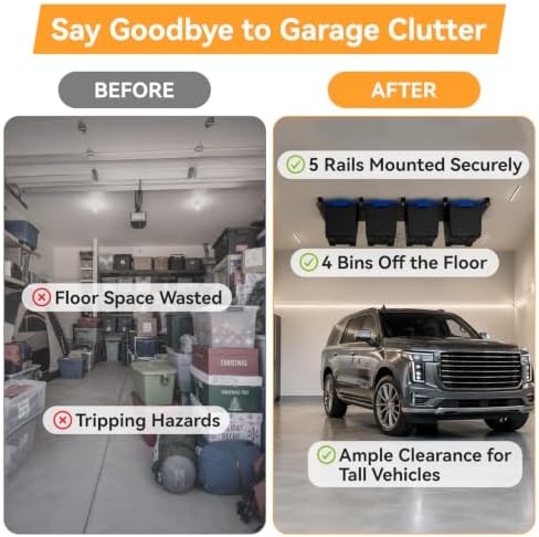 Garage Ceiling Storage Racks for 4 Bins, 17" Heavy Duty Steel Rails, Ove...