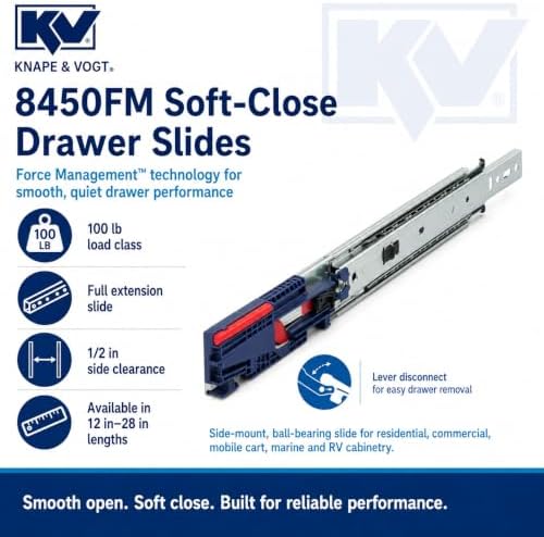 Knape & Vogt Side Mount Soft-Close Drawer Slide, Pair, Inch