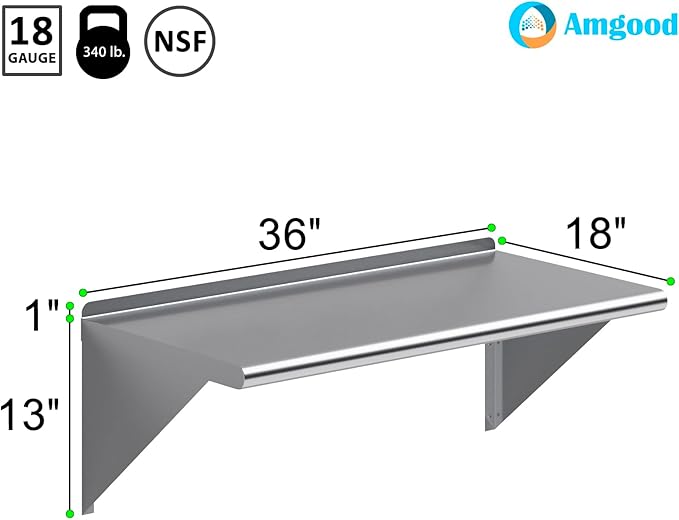 AmGood 36" Long X 18" Deep Stainless Steel Wall Shelf | NSF Certifi...
