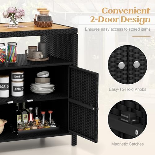Tangkula Rattan Outdoor Storage Cabinet, Patiojoy Outdoor Cabinet with Acacia...