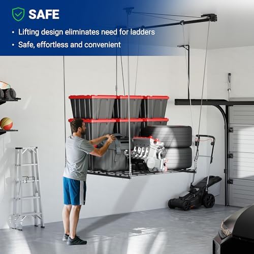 FLEXIMOUNTS Garage Lifting Metal Rack, 4x4 Ft Overhead Garage Storage Racks, ...