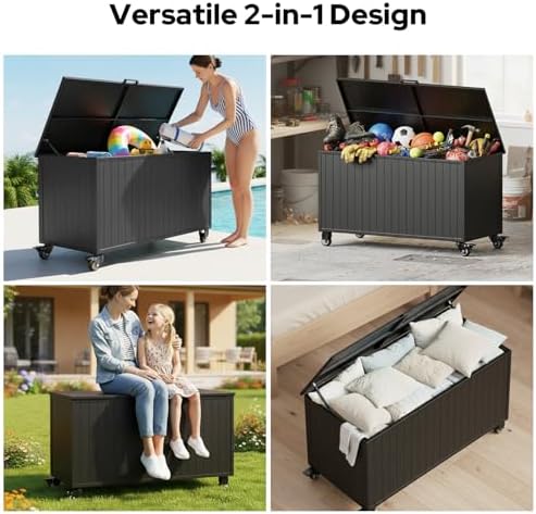 150 Gallon Outdoor Storage Box with Wheels, Metal Deck Boxes,Black