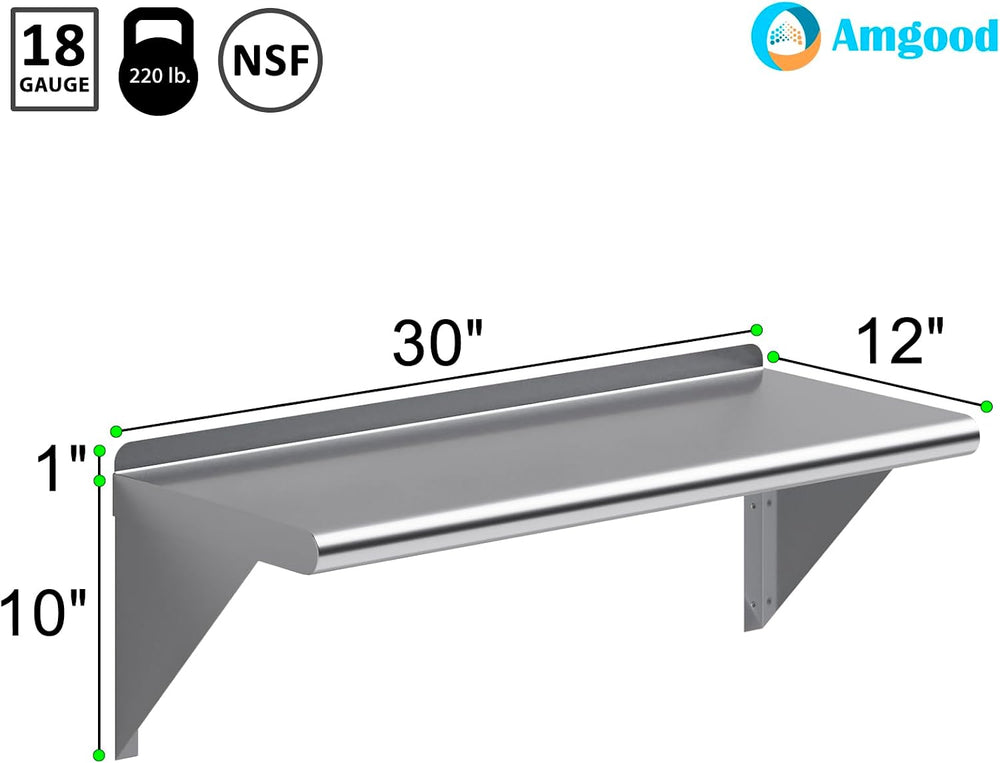 AmGood 12 in. x 30 in. Stainless Steel Wall Shelf with Backsplash - Holds 220...