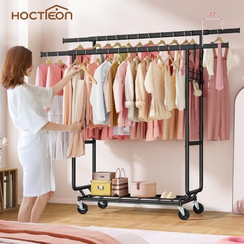 Hoctieon 2-Minute Assembly Double Rod Clothes Rack, Heavy Duty Rolling Clothi...