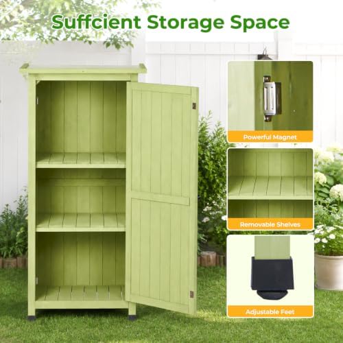 Wooden Outdoor Storage Cabinet, Vertical Garden Tool Shed with Waterproof Met...