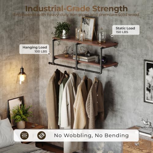 Industrial Pipe Clothing Rack with Top Shelf, Space-Saving Wall Mounted Cloth...