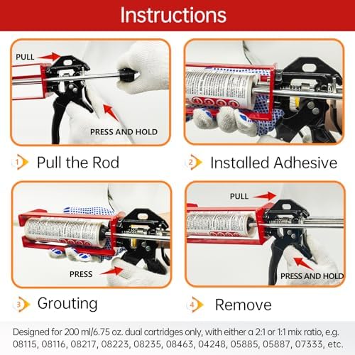 Dual Caulking Gun,Epoxy Gun for 200 ml(6.75 fl oz,1:1 or 2:1 Mix Ratio),Red