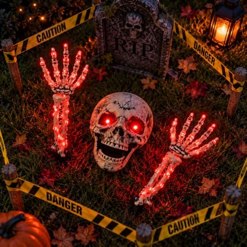 Halloween Skeleton Decorations Outdoor, Light Up Skull Head & Skeleton Ha...