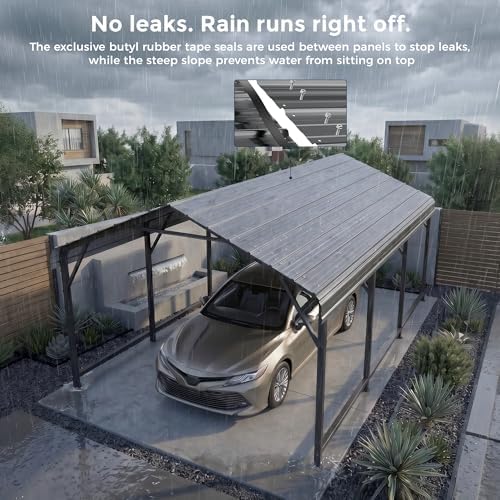 HOMSHADE 10x15FT Heavy Duty Metal Carport with 132° Steep Anti-Pooling Roof