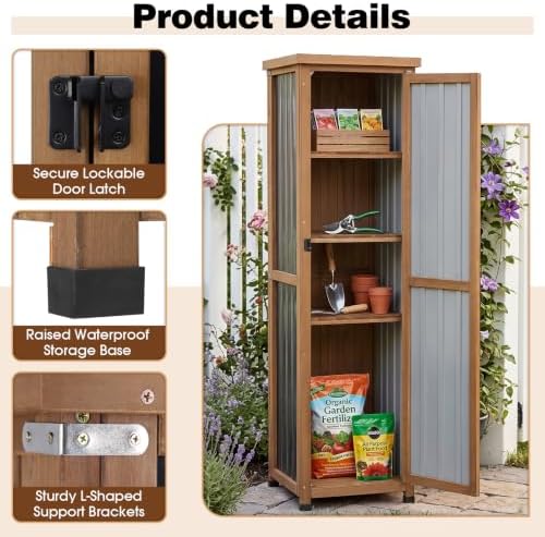 62" H Tall Narrow Outdoor Storage Cabinet with Metal Top, Outdoor Shed S...