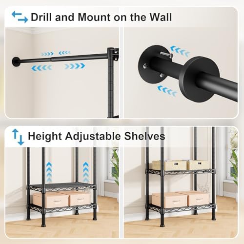 Ulif M2 Wall Mounted Closet System, Black Clothes Rack Mount onto the Wall