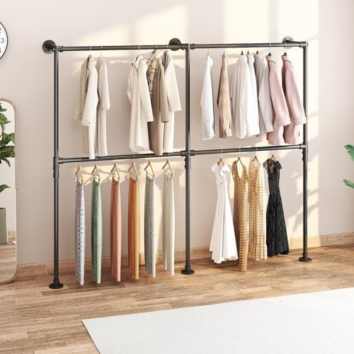 KELIXU 76.4" Industrial Pipe Clothing Rack for Wall Adjustable Height Wa...