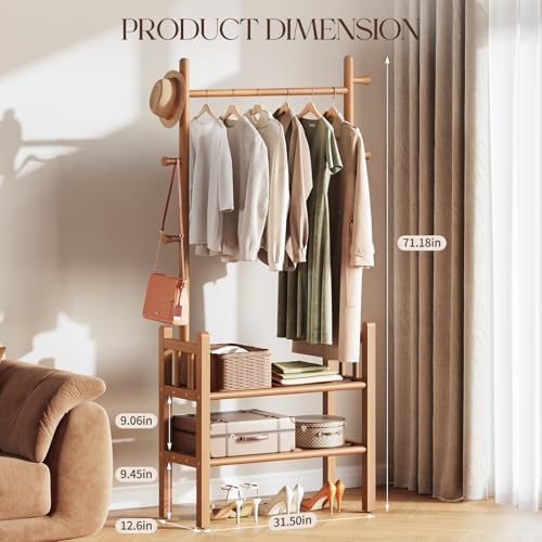 Yoobure Solid Wood Clothing Rack with Shelves - Coat Rack Freestanding with 6...