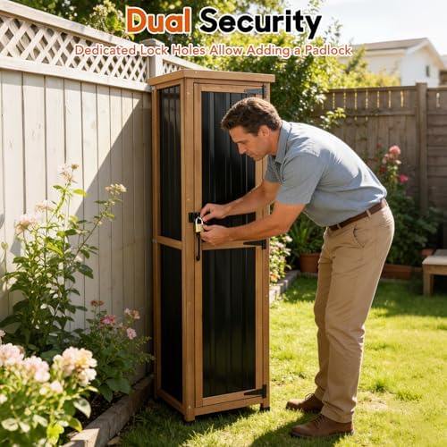 Outdoor Storage Cabinet, Wood & Metal Storage Shed with Weatherproof Roof...