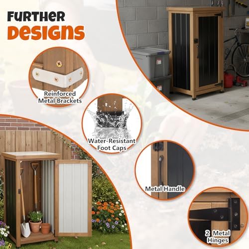 Small Outdoor Storage Cabinet, Wood & Metal Storage Shed with Weatherproo...