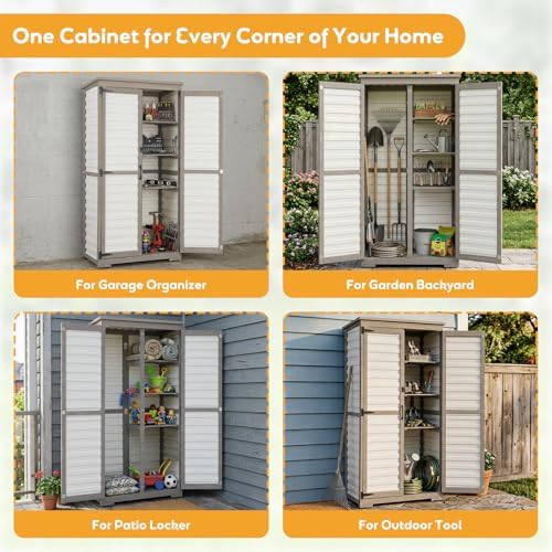 PetsCosset Outdoor Storage Cabinet with Shelves, Wood & Plastic Garden Sh...