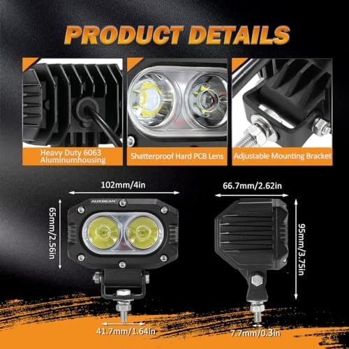Auxbeam 4 Inch LED Pod, R4 Series Square White Offroad Driving Flood Beam