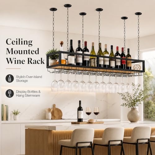 Ceiling Wine Glass Rack with Glass Holder, 31.4in Metal Hanging Bar Shelf