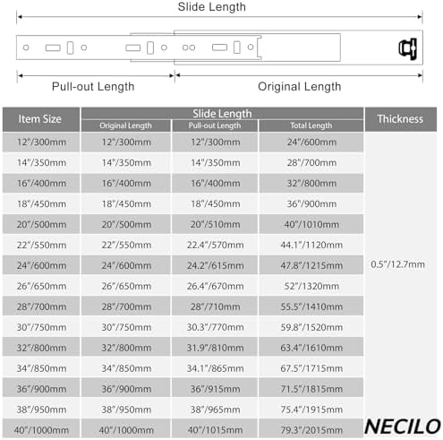 NECILO 24 Inch Heavy Duty Drawer Slides 150LB Side Mount Full Extension