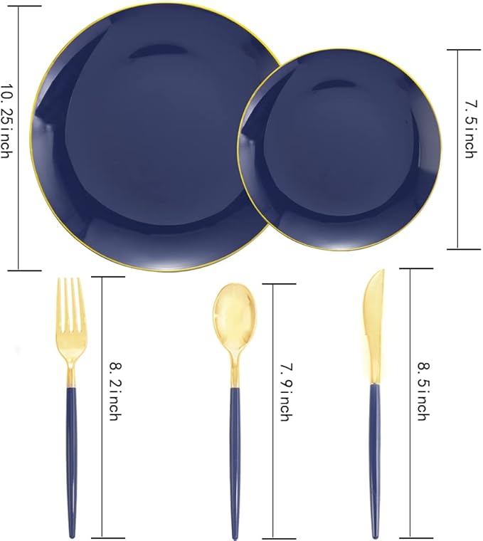 Liacere 150PCS Blue Plastic Plates - Gold Plastic Silverware with Blue Handle...