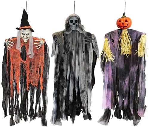 JOYIN 3 Pack 35” Hanging Ghosts Witch Pumpkin Decor Hanging Halloween Decorat...