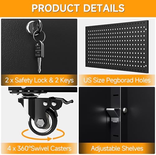 Metal Cabinet with Wheels,72.8" H Rolling Tool Storage Cabinet with Lock...