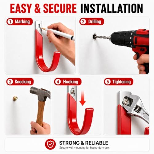 6 Pack Metal Garage Hooks, Heavy Duty Hose Hanger Wall Mounted Utility Storag...