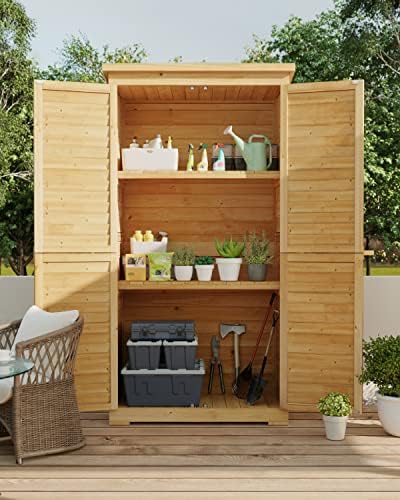 Gizoon Outdoor Storage Cabinet with 3 Shelves, Double Lockable Wooden Shed