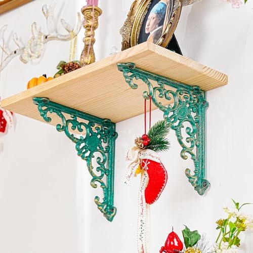 Sungmor Vintage Cast Iron Shelf Brackets - 2 Pack 7.7 Inch Rustic Green