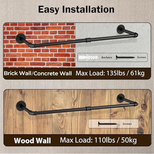 Wall Mounted Clothes Rack 31.5in, Industrial Pipe Wall Mount Clothing Rack, H...