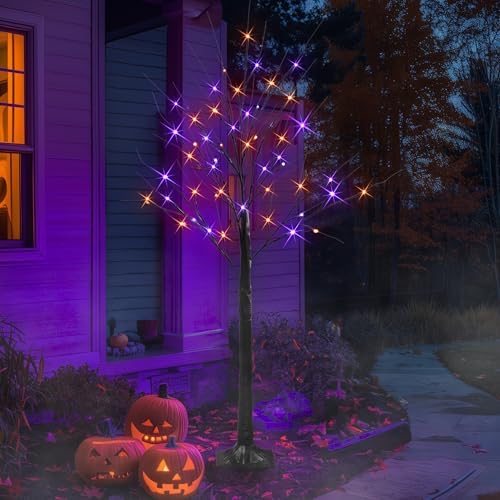 Dazzle Bright 2 Pack Halloween Lighted Up Birch Tree, Total 96 LED Purple and...