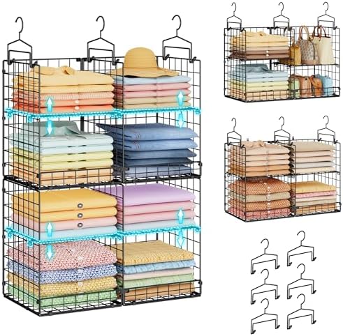 Hanging Closet Organizer with DIY Spacing, Double-Row Closet Hanging Shelves ...