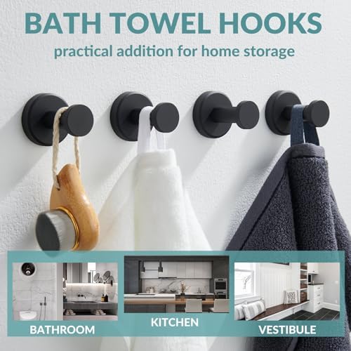 APLusee Matte Black Towel Hooks for Bathroom Storage, 4 Pack, Wall Mounted