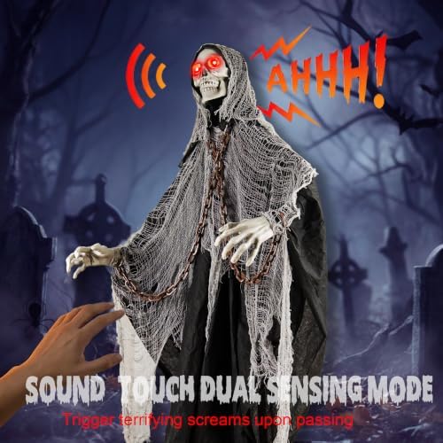 Halloween Skeleton With LED Red Glowing Eyes, Sound & Touch Activated Mot...