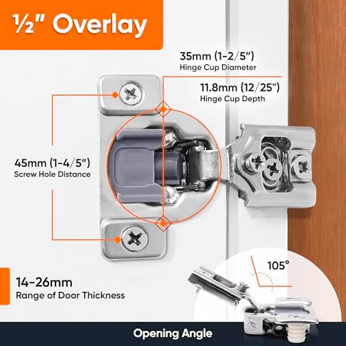 DecoBasics 50 Pack(25 Pair) 1/2" Overlay Soft Close Cabinet Hinges for K...
