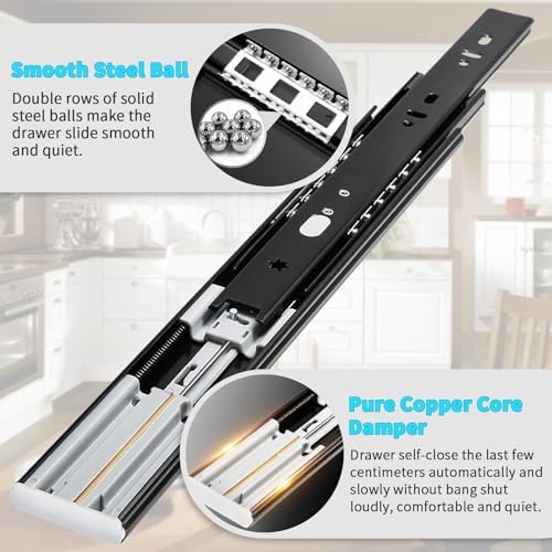 YENUO Soft Close Drawer Slides Full Extension Ball Bearing 12–24 Inch 100LB