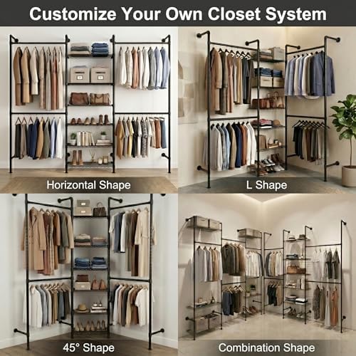 F3 Wall Mounted Closet System, Industrial Pipe Clothing Rack for Hanging Clot...