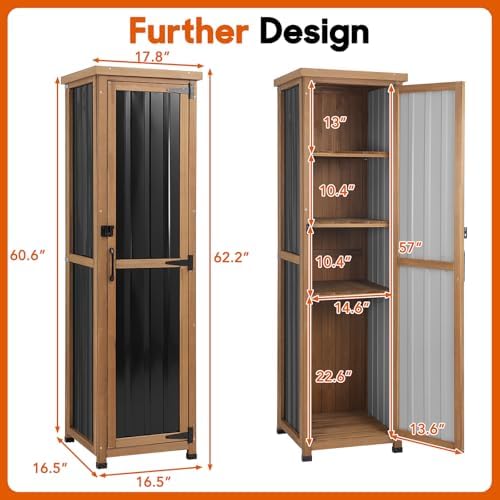 Outdoor Storage Cabinet, Wood & Metal Storage Shed with Weatherproof Roof...