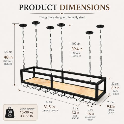 Ceiling Wine Glass Rack with Glass Holder, 31.4in Metal Hanging Bar Shelf