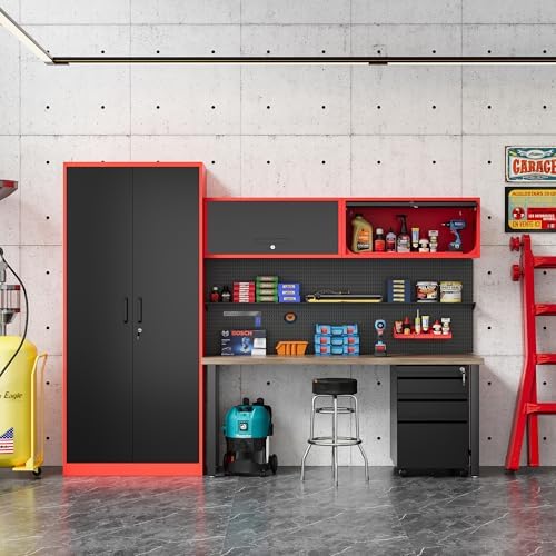Fesbos Metal Storage Cabinet Black&Red Wall Cabinets with Locking Door - ...