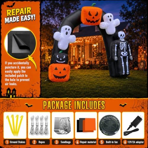 8FT Halloween Inflatable Archway with Pumpkin & Ghost, Built-in LED