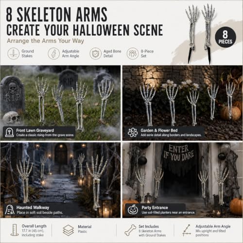 Halloween Skeleton Arms and Hands, 8-Piece Outdoor Yard Decorations Set