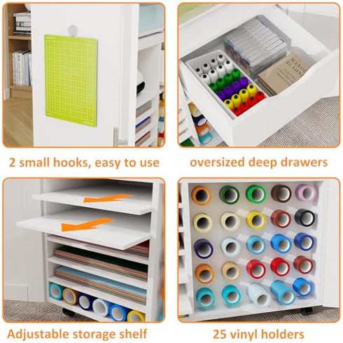 Craft Cart Cabinet Compatible with Cricut for Storage Organization, Rolling C...