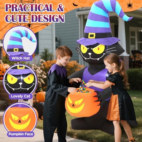 6FT Halloween Inflatable Black Cat, Lighted Yard Decoration with Witch Hat