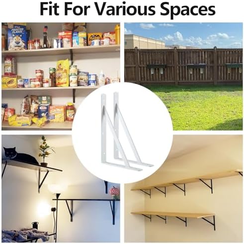 Heavy Duty Shelf Brackets, 12 x 8 Inch White Metal L Brackets, 6 Pack