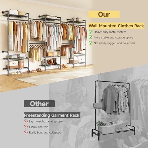 ONBRILL H5 Wall Mounted Closet System, Industrial Pipe Clothes Rack, Black