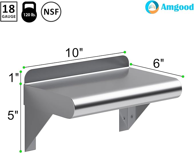 AmGood 6 in. x 10 in. Stainless Steel Wall Mount Shelf. Commercial/Home. Kitchen